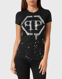 Philipp Plein｜T-shirt Round Neck Sexy Pure Fit Hexagon black Women's T-Shirt