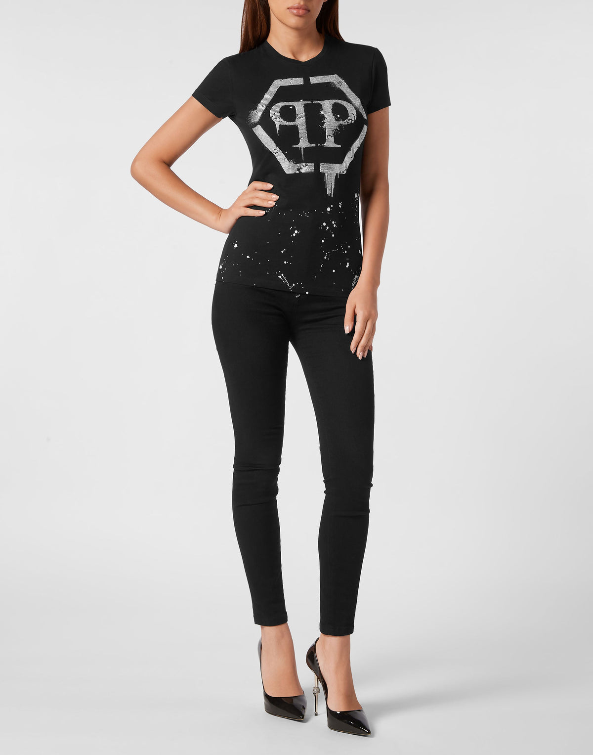 Philipp Plein｜T-shirt Round Neck Sexy Pure Fit Hexagon black Women's T-Shirt