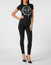 Philipp Plein｜T-shirt Round Neck Sexy Pure Fit Hexagon black Women's T-Shirt