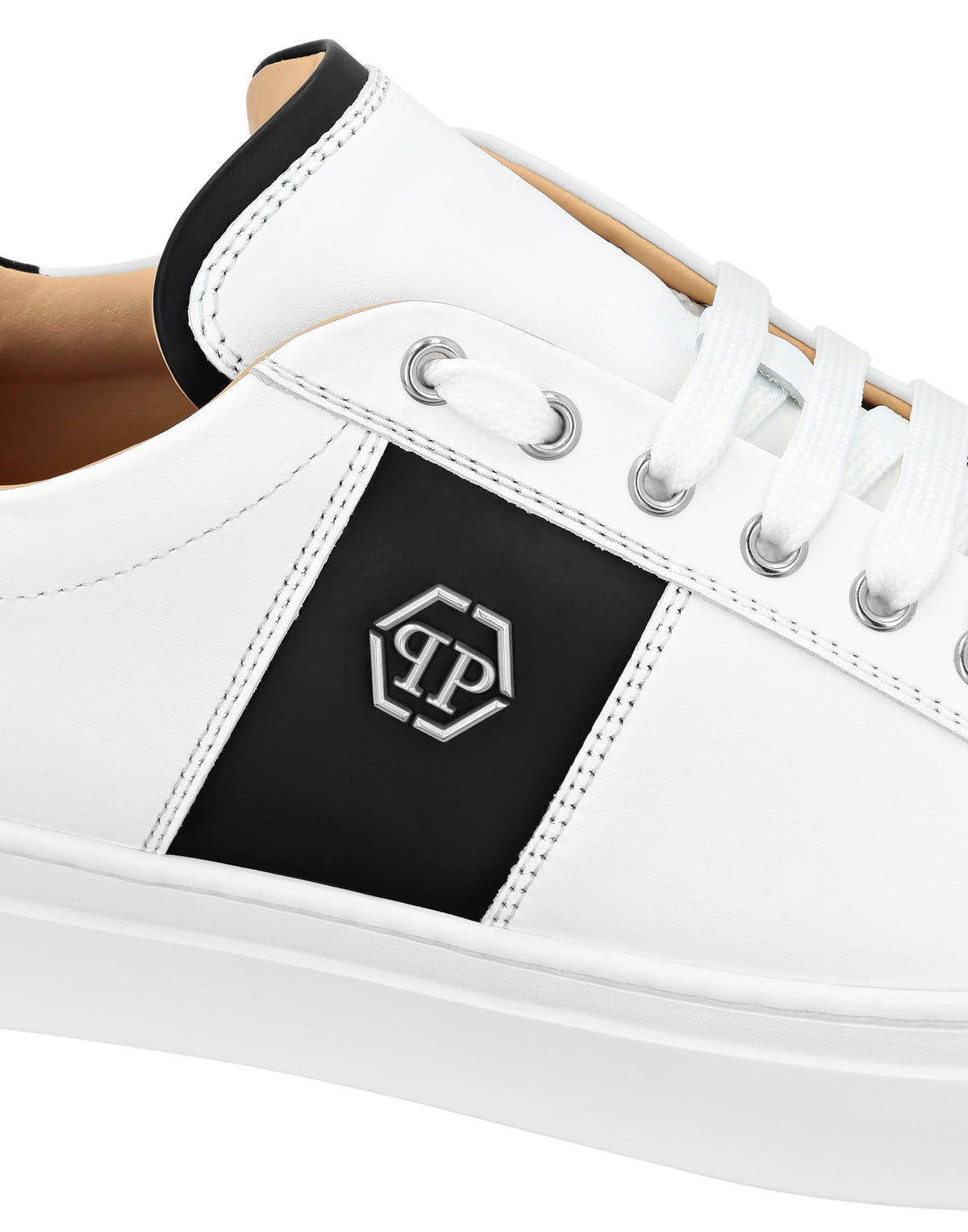 Philipp Plein｜Leather Lo-Top Sneakers Hexagon white / black Men's Sneakers