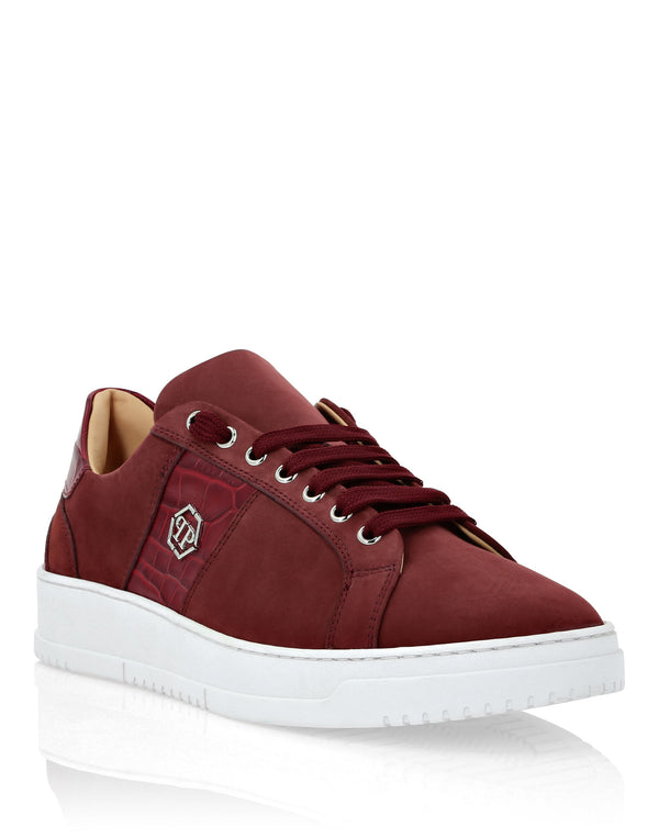 PHILIPP PLEIN Nabuk Lo-Top Sneakers with Croco Print Hexagon red