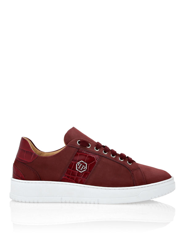 Philipp Plein｜Nabuk Lo-Top Sneakers with Croco Print Hexagon red Men's Sneakers
