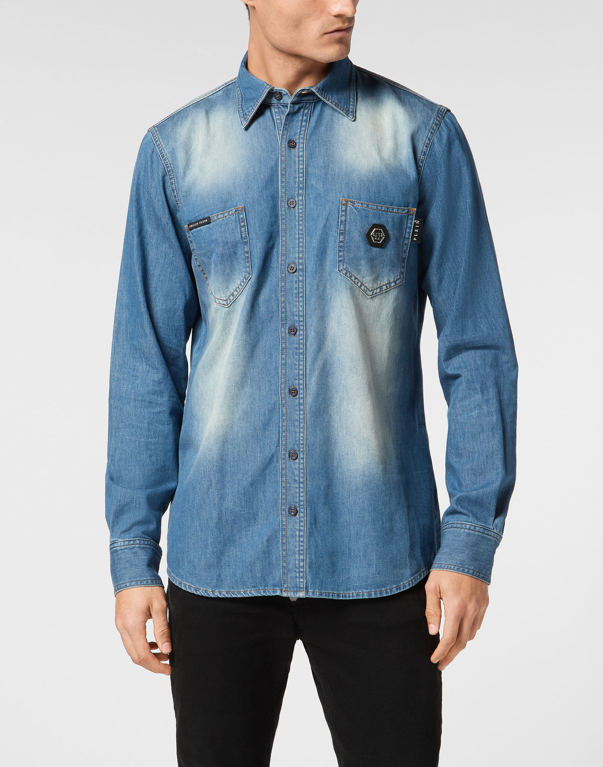 Philipp Plein｜Denim Shirt Long-Sleeve Skull&Bones Men's Denim Shirt