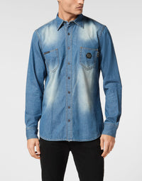 Philipp Plein｜Denim Shirt Long-Sleeve Skull&Bones Men's Denim Shirt