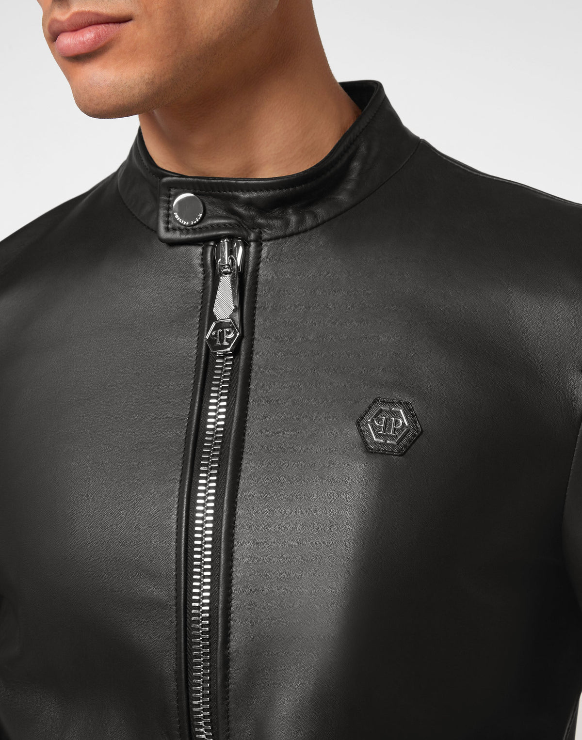 Philipp Plein｜Leather Moto Jacket black Men's Jacket