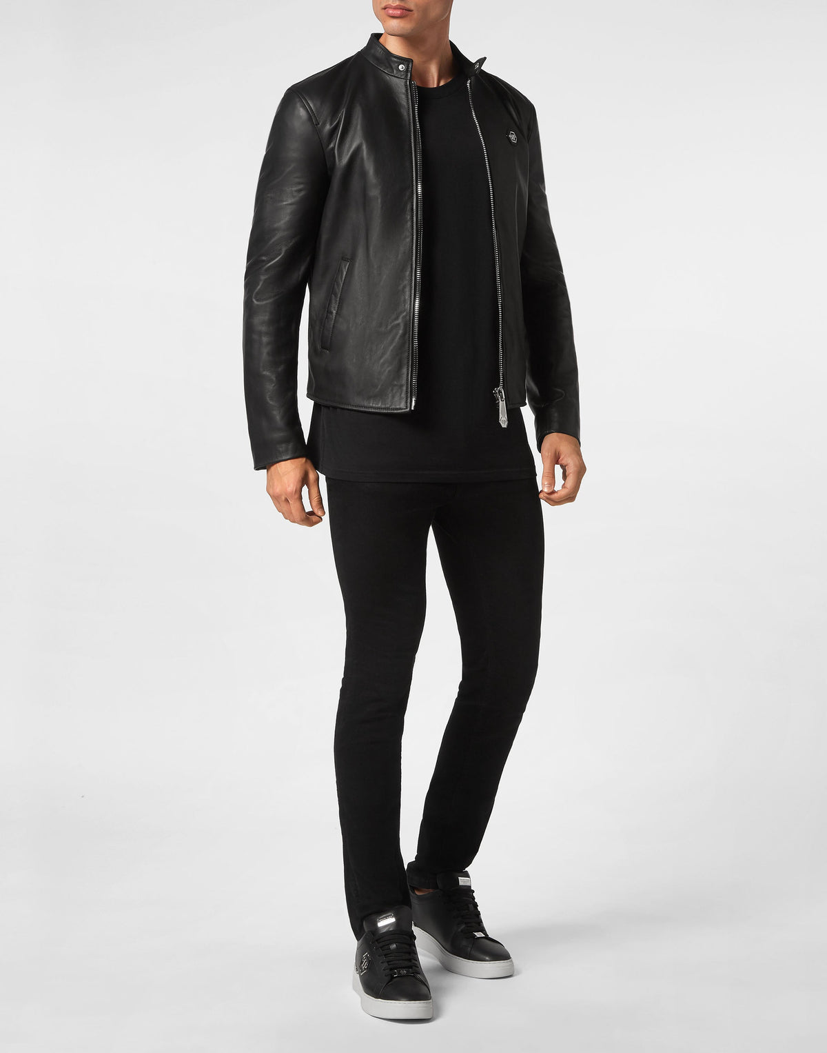 Philipp Plein｜Leather Moto Jacket black Men's Jacket
