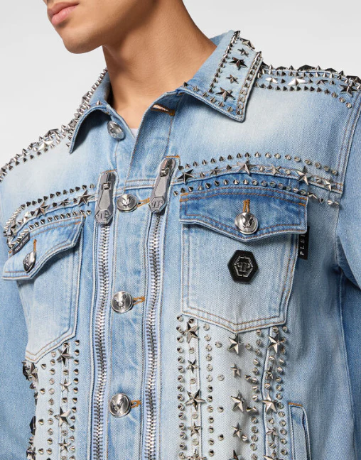 Philipp Plein｜Zipped Denim Jacket Studs Men's Denim Jacket