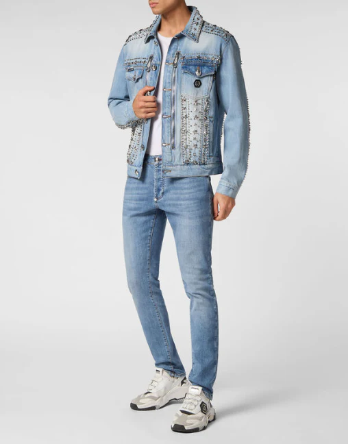 Philipp Plein｜Zipped Denim Jacket Studs Men's Denim Jacket