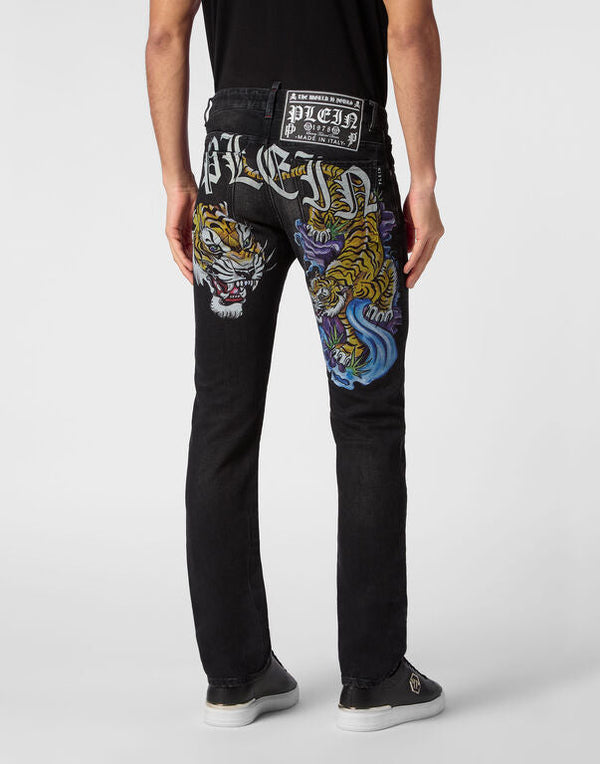Philipp Plein｜Denim Trousers Super Straight Cut Tattoo Men's Jeans