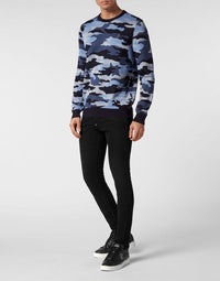 Philipp Plein｜Merino Wool Pullover Round Neck LS Camouflage Men's Sweater