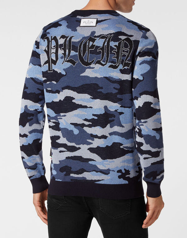 Philipp Plein｜Merino Wool Pullover Round Neck LS Camouflage Men's Sweater
