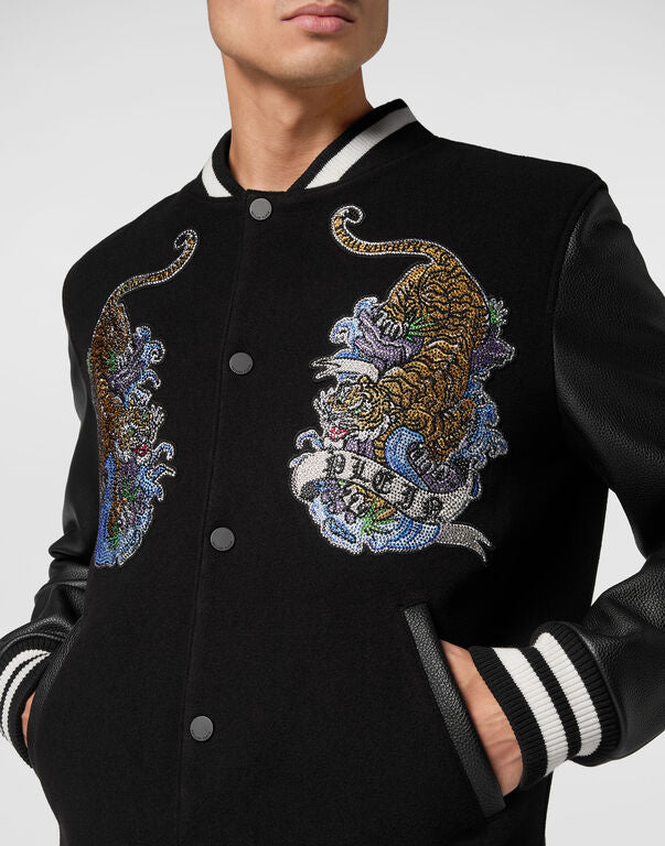 Philipp Plein｜College Bomber with Woolen cloth base with stones Tattoo Men's Jacket