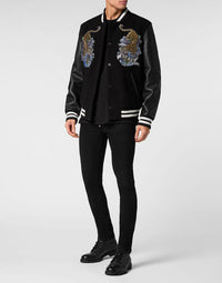 Philipp Plein｜College Bomber with Woolen cloth base with stones Tattoo Men's Jacket