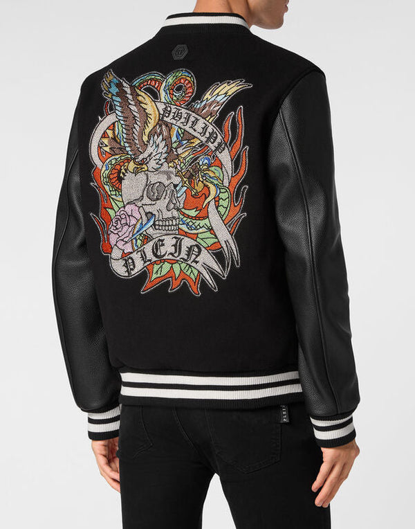 Philipp Plein｜College Bomber with Woolen cloth base with stones Tattoo Men's Jacket