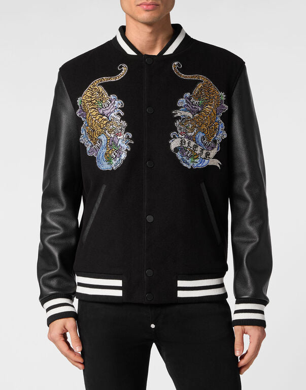 Philipp Plein｜College Bomber with Woolen cloth base with stones Tattoo Men's Jacket
