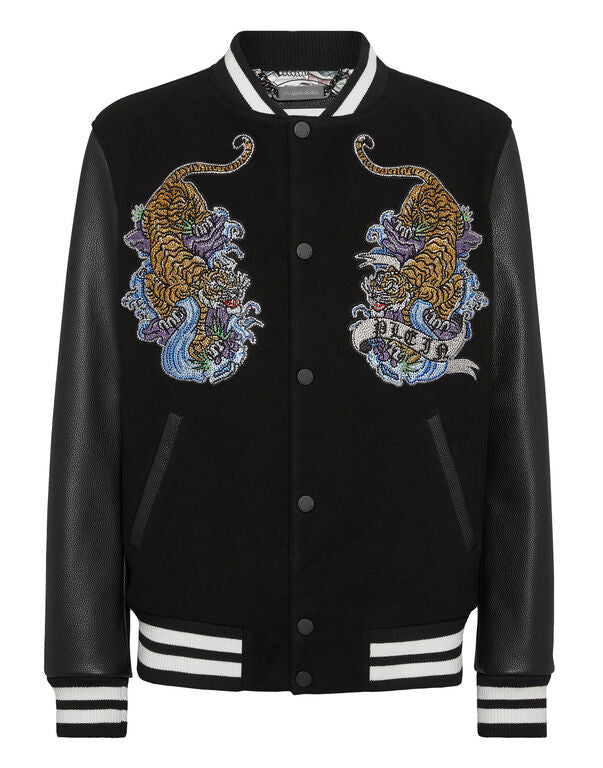 Philipp Plein｜College Bomber with Woolen cloth base with stones Tattoo Men's Jacket