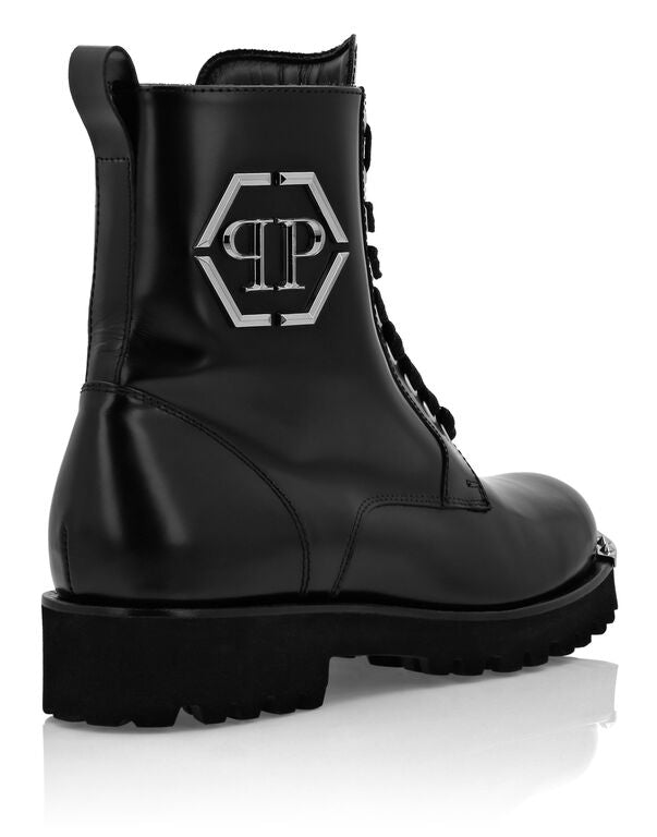 Philipp Plein｜Leather Printed Boots Flat High Women's Boots