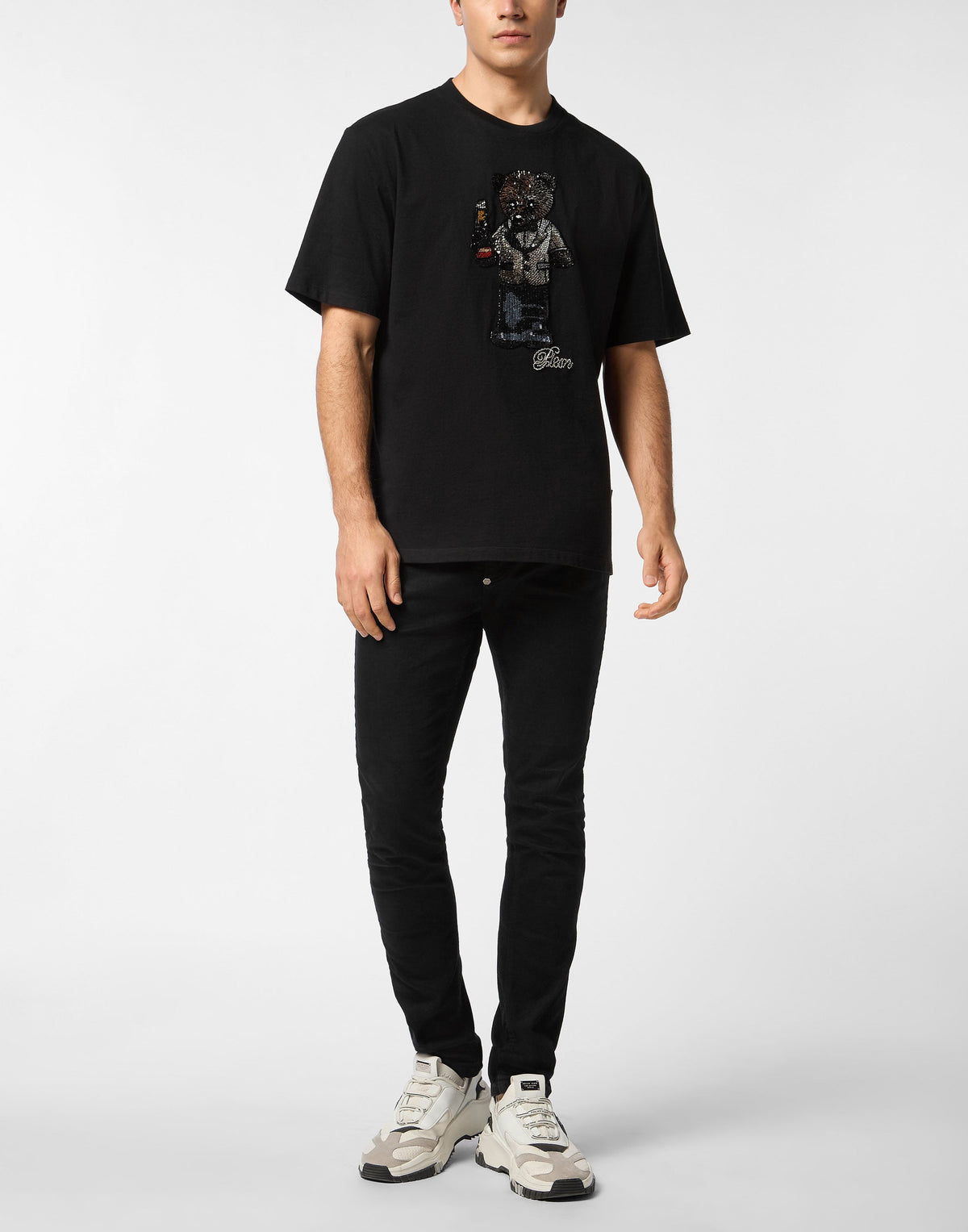 Philipp Plein｜Round Neck T-Shirt Teddy Crystal Men's T-Shirt