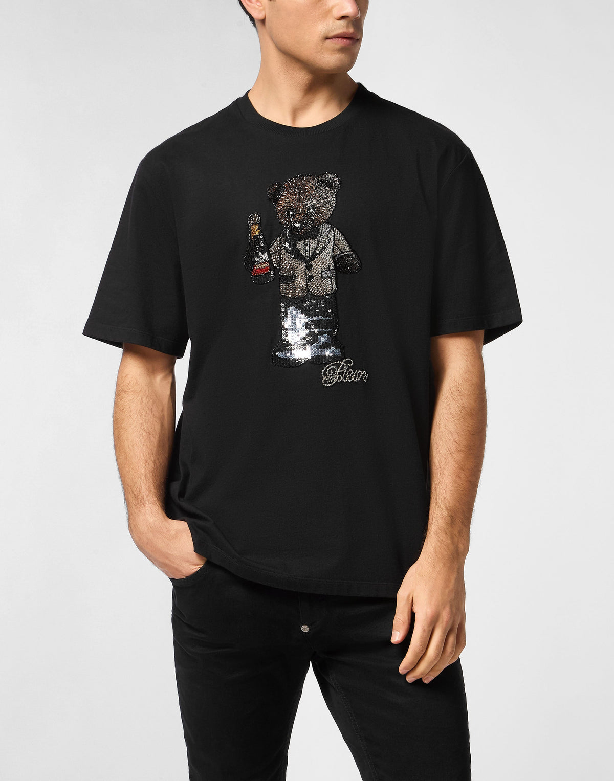 Philipp Plein｜Round Neck T-Shirt Teddy Crystal Men's T-Shirt