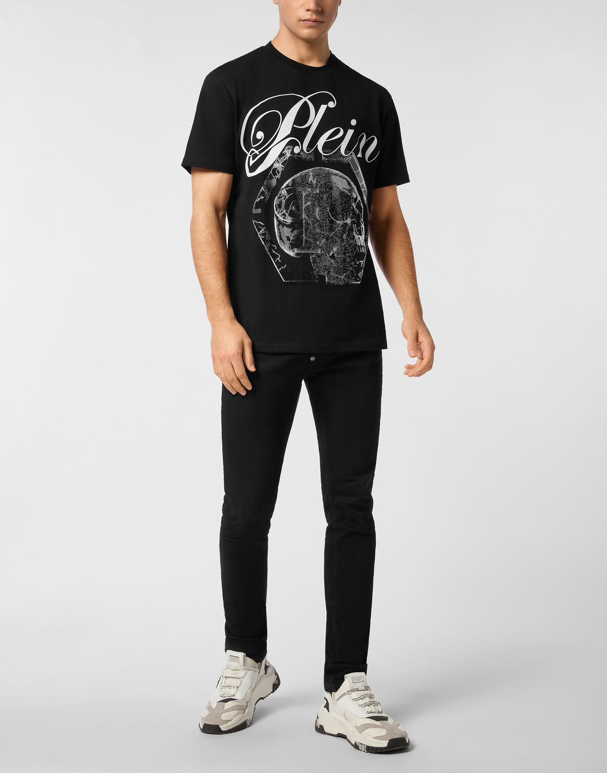 Philipp Plein｜Round Neck T-Shirt Marble Skull Men's T-Shirt