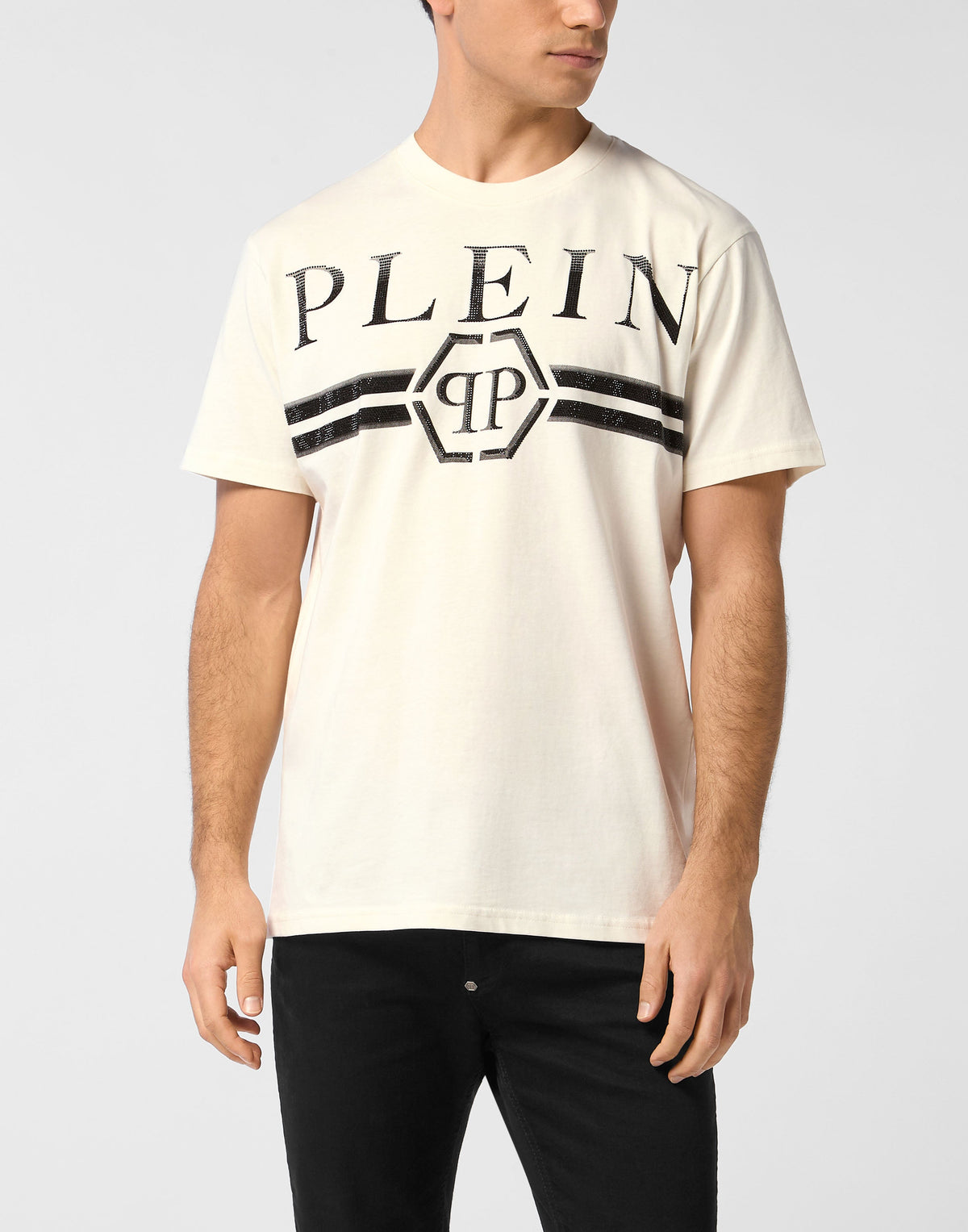 Philipp Plein｜Round Neck T-Shirt Full Of Stones Stripes Men's T-Shirt