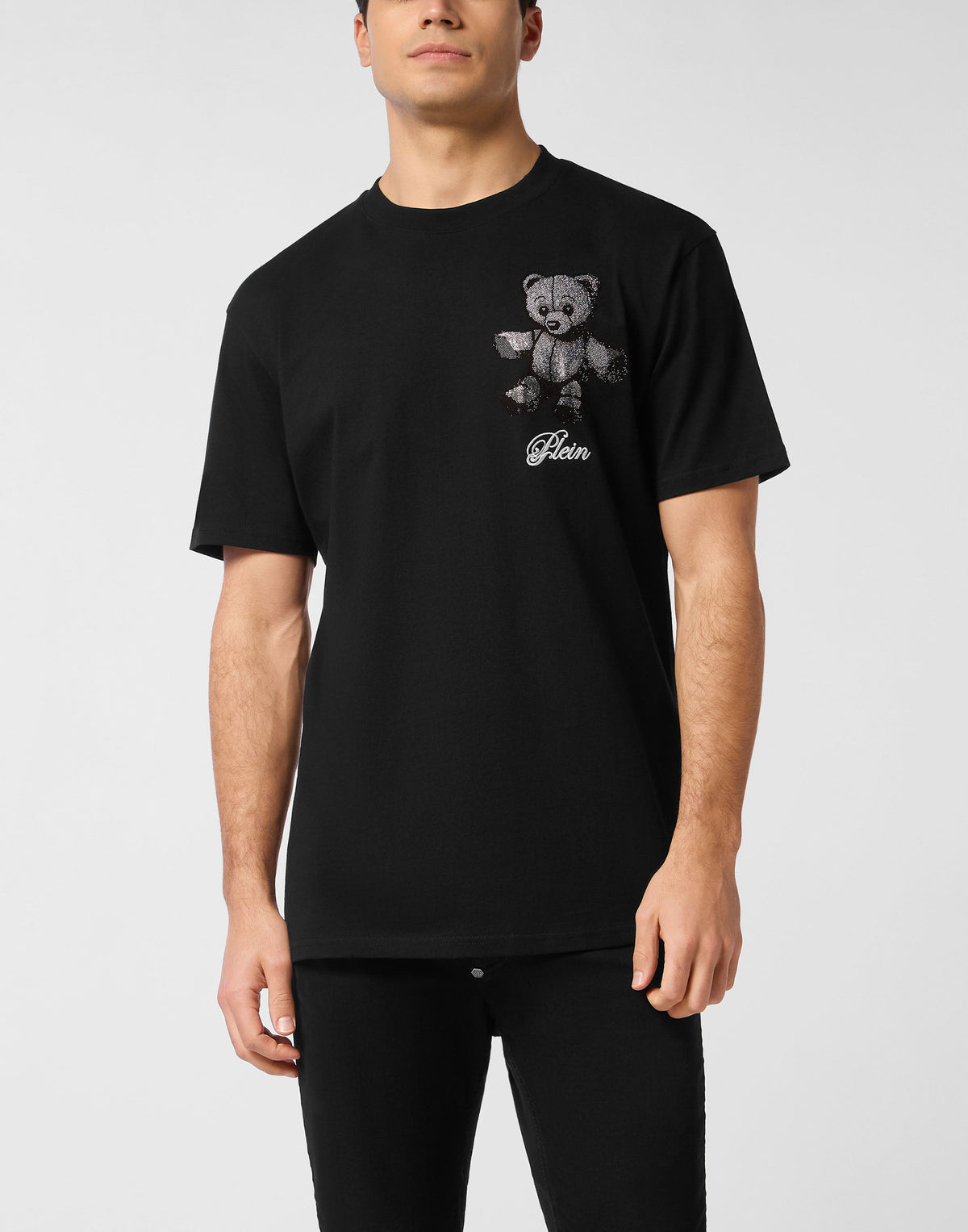 Philipp Plein｜Embroidered Round Neck T-Shirt Strass Teddy Bear Men's T-Shirt