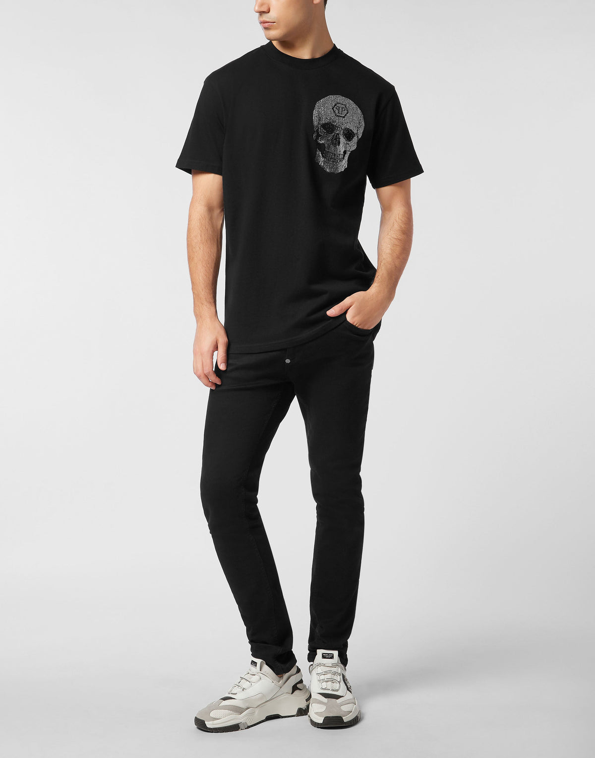 Philipp Plein｜Round Neck Heavy Cotton T-Shirt Crystal Skull Men's T-Shirt