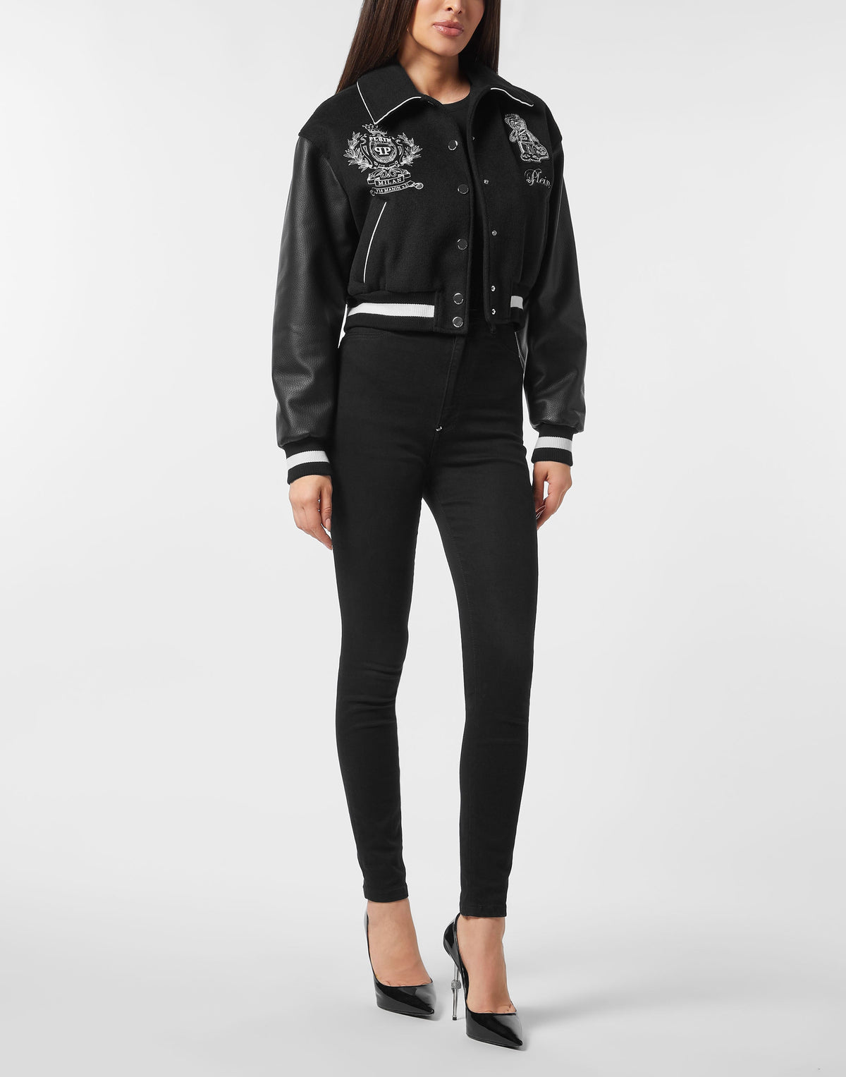 Philipp Plein｜Wool and Leather College Bomber Teddy Women's Jacket
