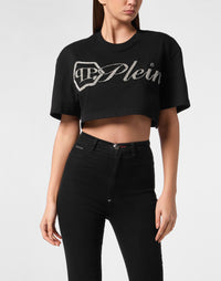 Philipp Plein｜Cropped T-Shirt Crystal Signature Women's T-Shirt