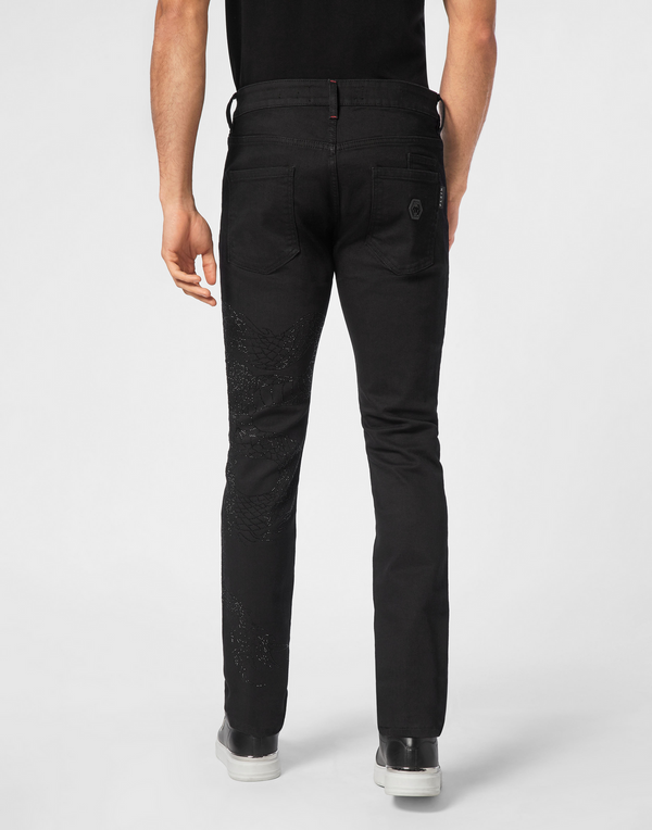 Philipp Plein｜Denim Trousers Super Straight Cut Dragon Strass Men's Jeans