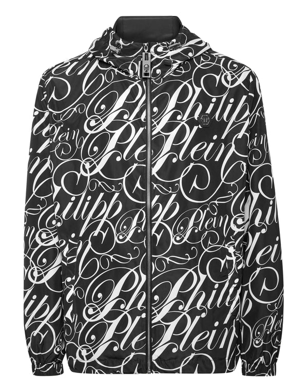 Philipp Plein Nylon Jacket 黑色滿版草寫Logo印花連帽外套 男款正面