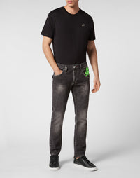 Philipp Plein｜Denim Trousers Super Straight Cut Skull&Bones Men's Jeans