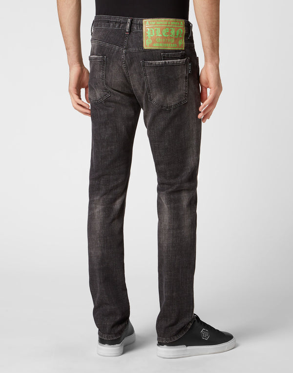 Philipp Plein｜Denim Trousers Super Straight Cut Skull&Bones Men's Jeans