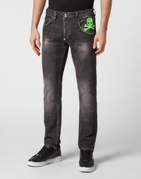 Philipp Plein｜Denim Trousers Super Straight Cut Skull&Bones Men's Jeans