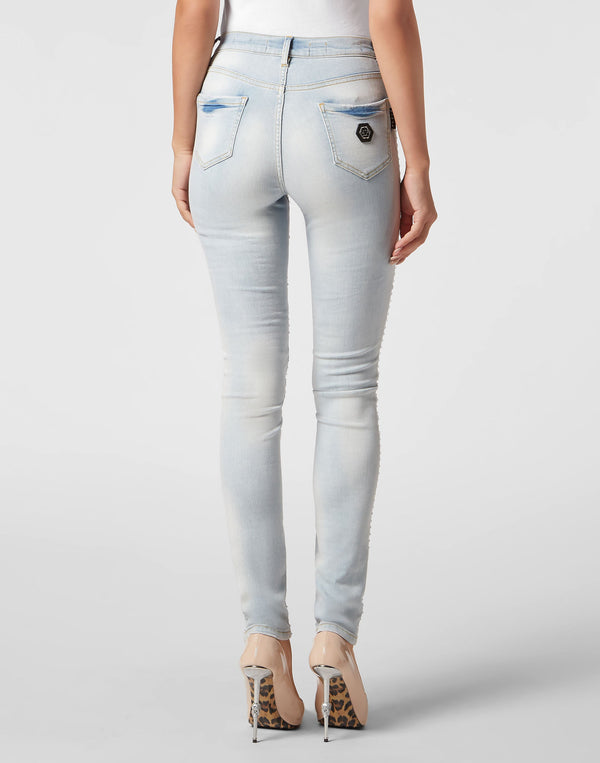 Philipp Plein｜High Waist Jeggings Crystal Pinstripe Women's Stretch Jeans