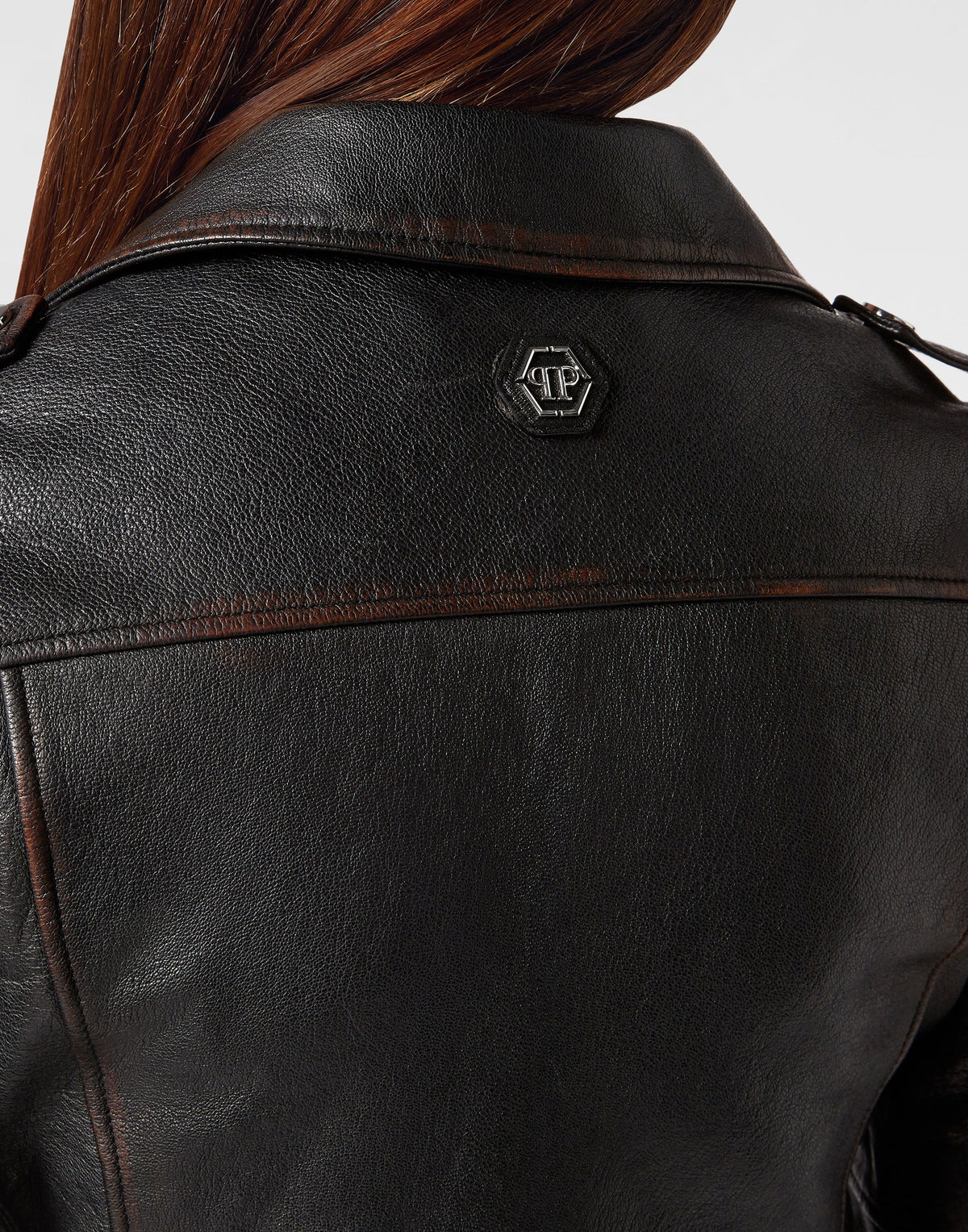 Philipp Plein｜Vintage Leather Boxy Biker Women's Leather Jacket