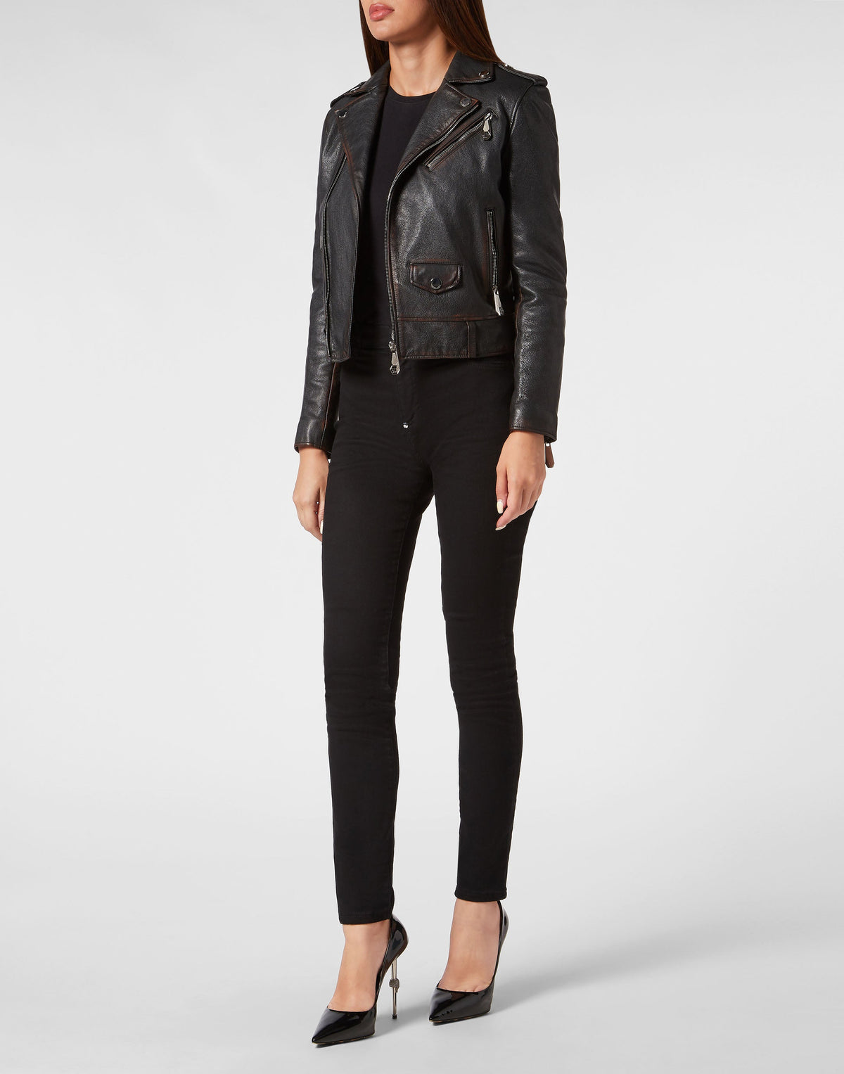 Philipp Plein｜Vintage Leather Boxy Biker Women's Leather Jacket