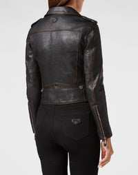 Philipp Plein｜Vintage Leather Boxy Biker Women's Leather Jacket