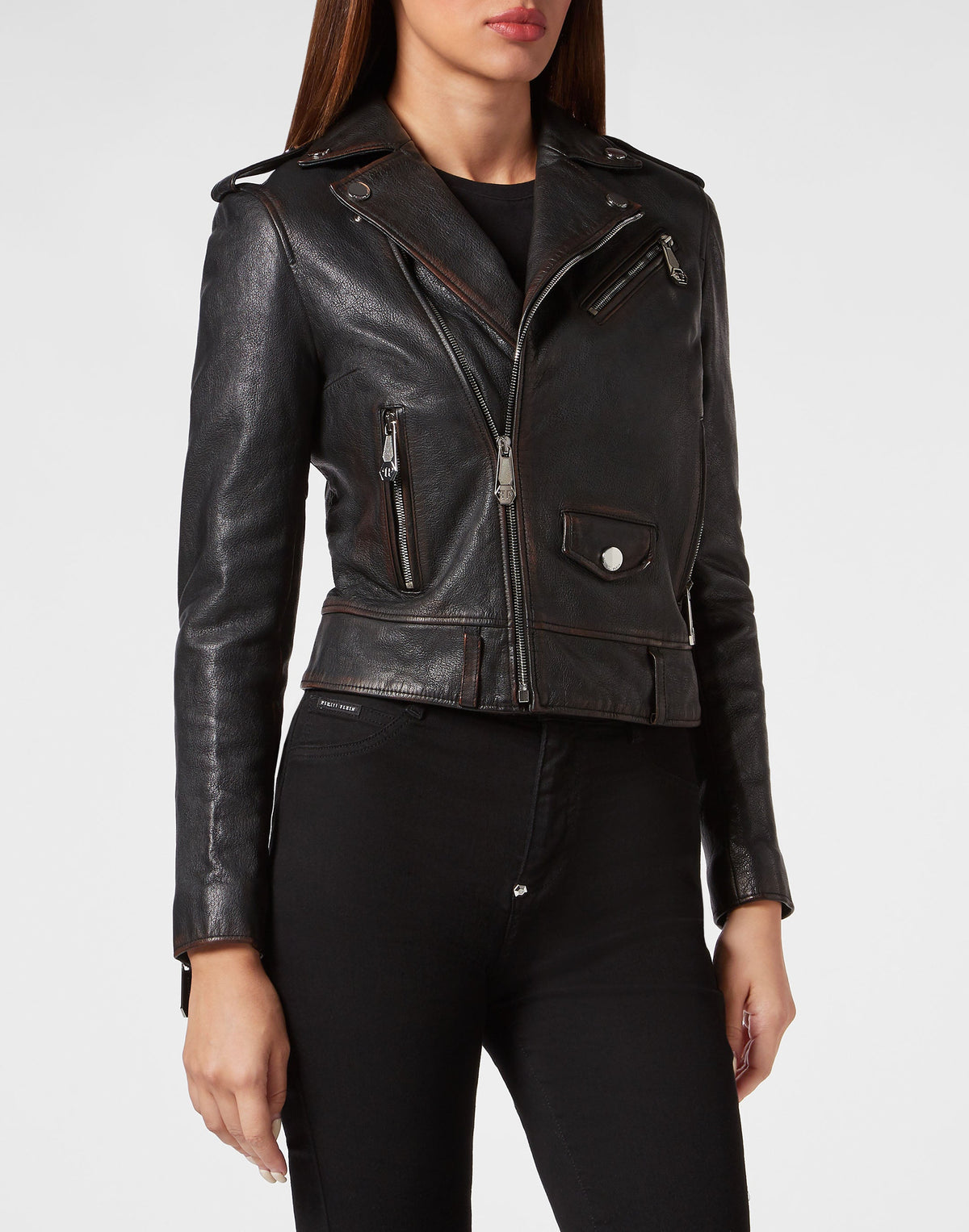 Philipp Plein｜Vintage Leather Boxy Biker Women's Leather Jacket