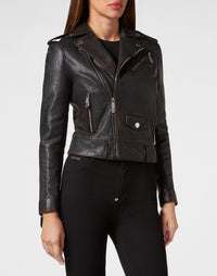 Philipp Plein｜Vintage Leather Boxy Biker Women's Leather Jacket