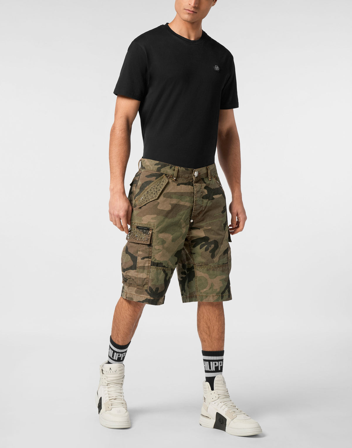 Philipp Plein｜Denim Cargo Shorts Studs Men's Denim Shorts